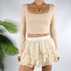 Wet Seal Small Cream Ruffled Tiered Mini Skirt Lace Cottagecore Coquette Skirt